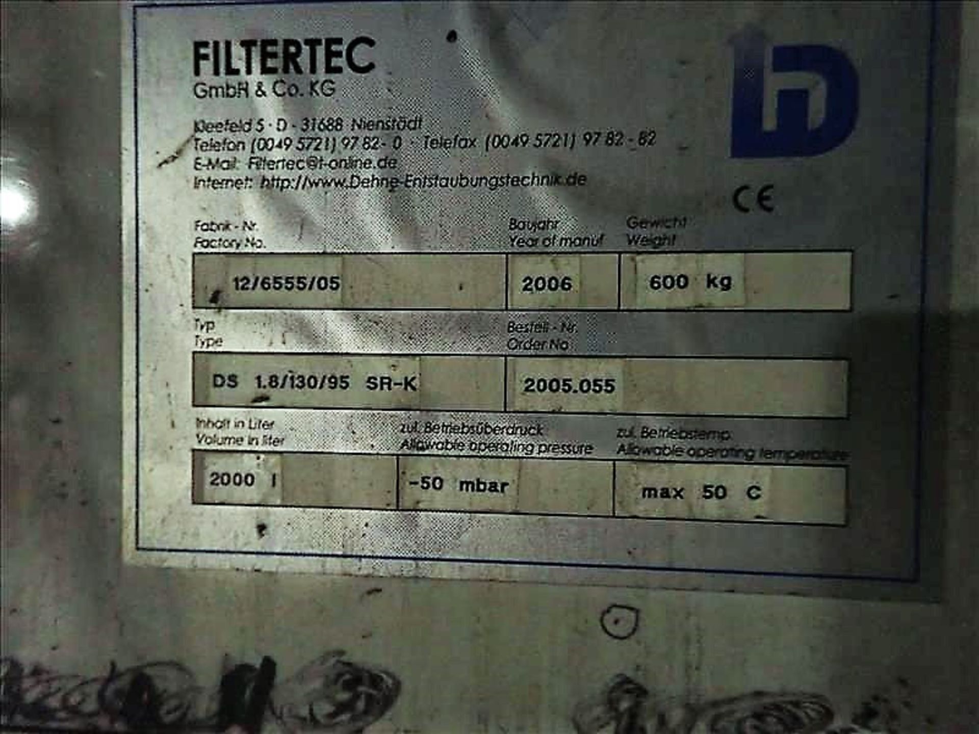 Filtertec bag house/dust collector, mod. DS 1.8/130/95 SR-K, ser. no. 12/6555/05 (2006), 2000 - Image 2 of 2