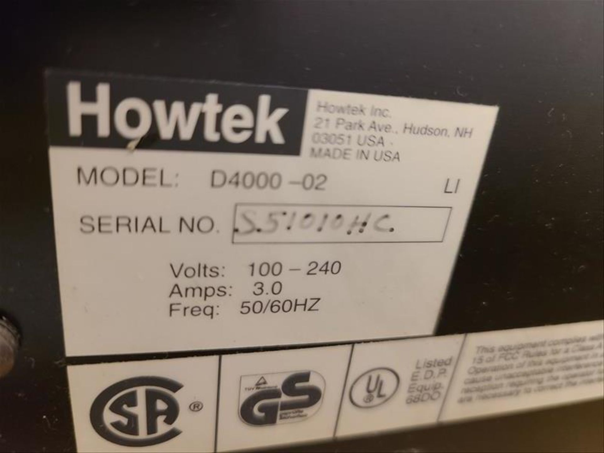 Howtek Drum Scanner, Scanmaster 4500, model D4000-02, S/N. S51010HC, 100-240V, 3 amps, 50Hz - Image 3 of 3