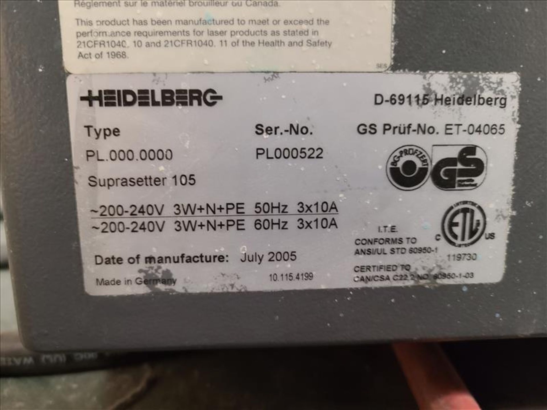 Heidelberg Plate Setter w/auto plate loading, model Suprasetter 105, S/N. PL00052, 200-240V, - Image 5 of 8