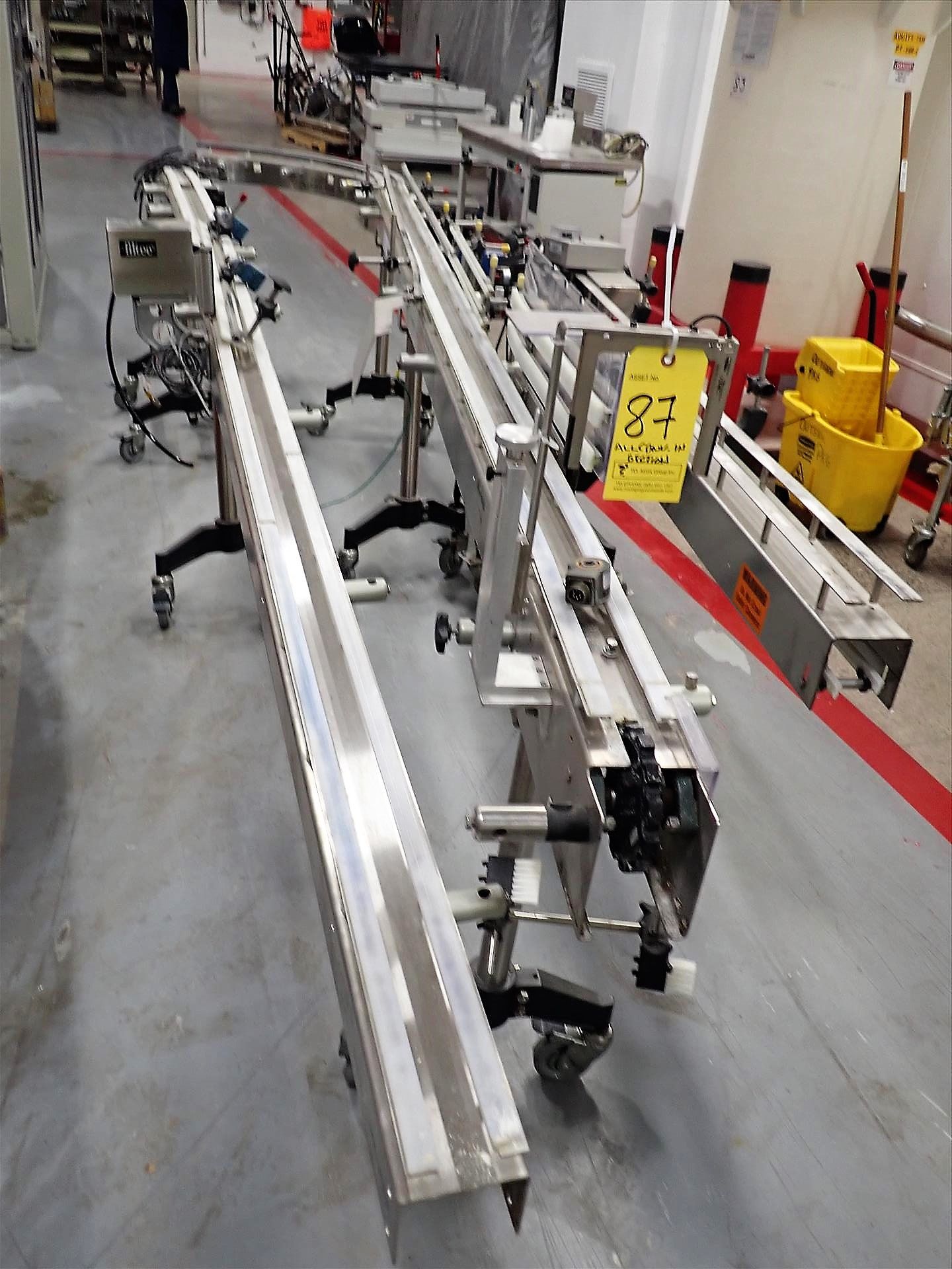 misc. slat-top chain conveyor, s/s, approx. 4" x 70' c/w 1/2 hp motors, VSDs, etc. (no belting) - Image 2 of 8