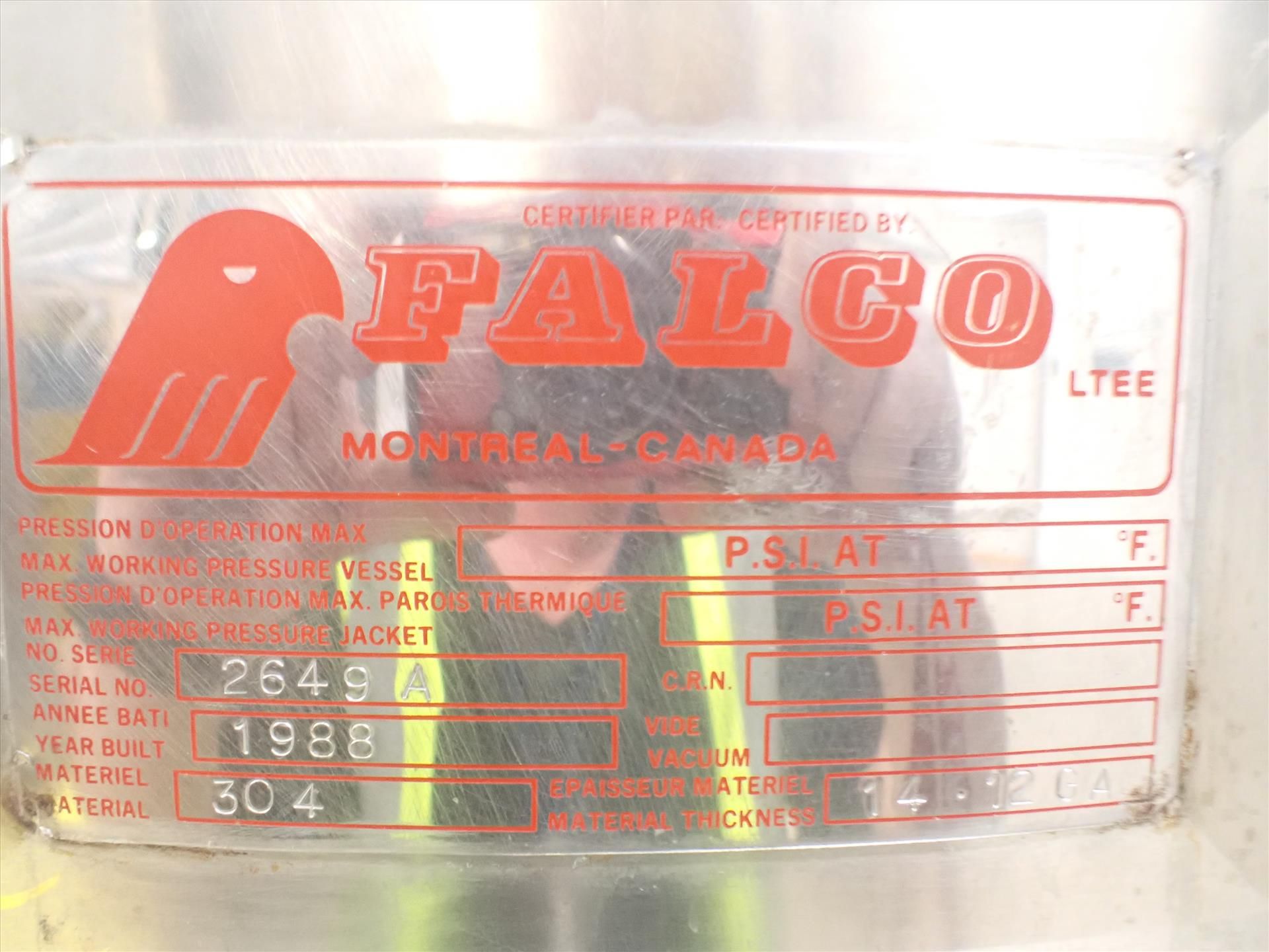 Falco s/s tank, approx. 250 USG cap., bottom discharge, ser. no. 2648A - Image 2 of 2