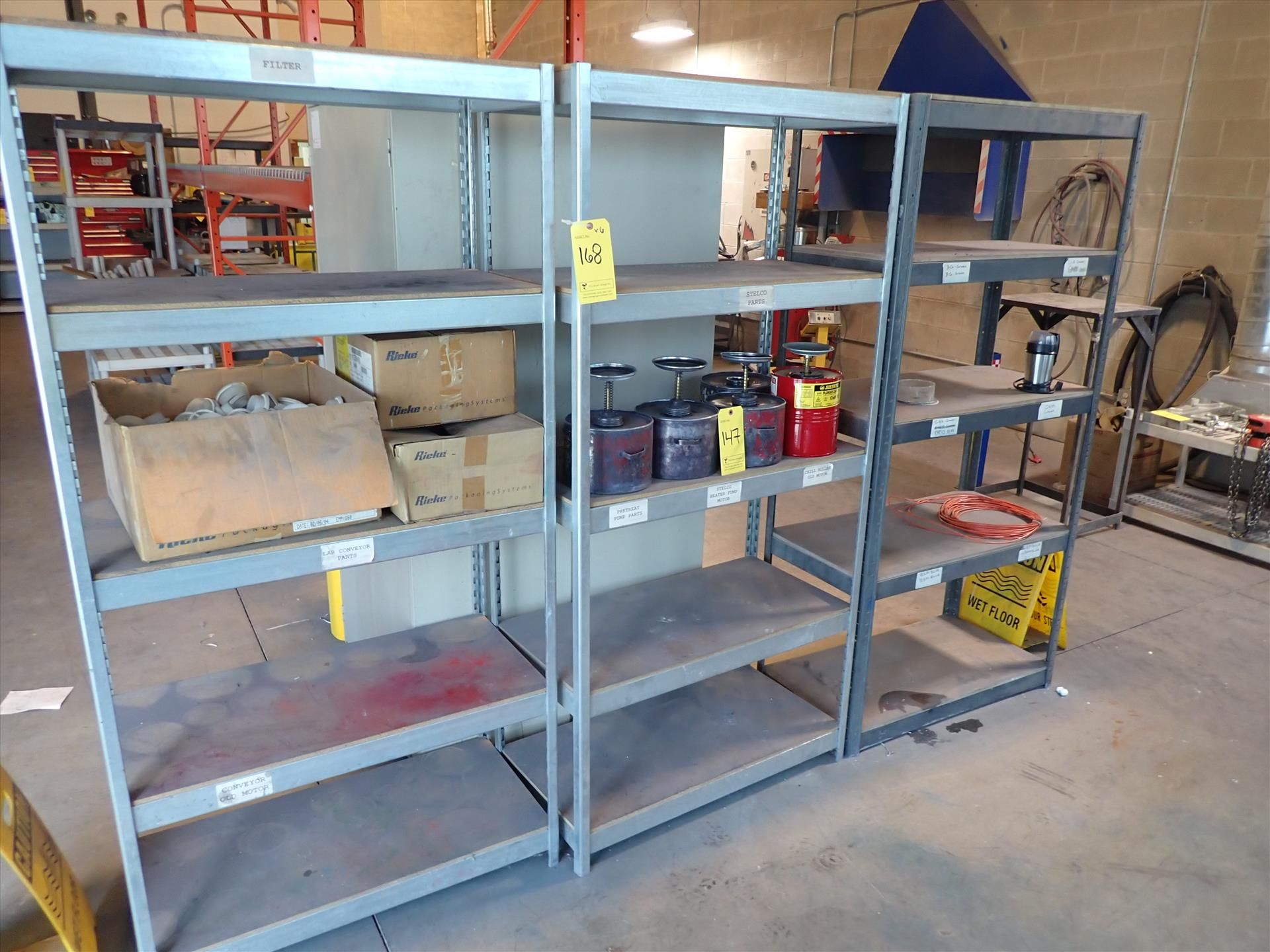 (6) sections of metal/wood shelving (no contents)