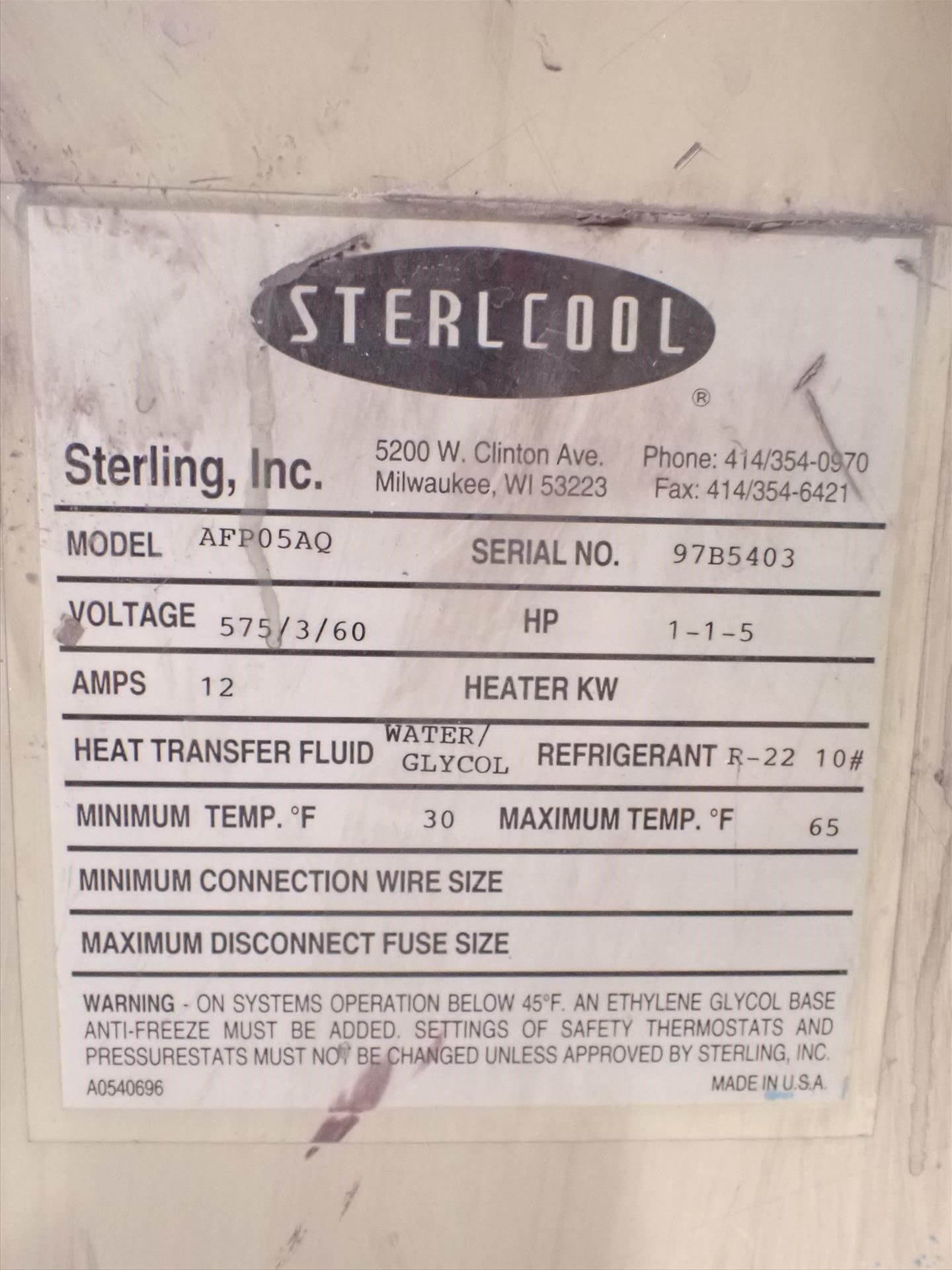 Sterling chiller mod. AFP05AQ ser. no. 97B5403, 30C - 65C, water/glycol, R22, 1-1-5 hp (Subject to - Image 4 of 4