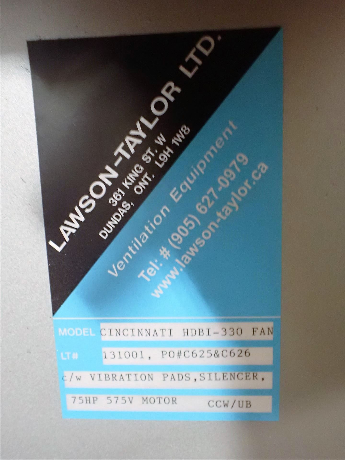 CincinnatiFan backward inclined blower, 75 hp, mod. HDBI-330, ser. no. 1312648 w/ vibration pads and - Image 3 of 3