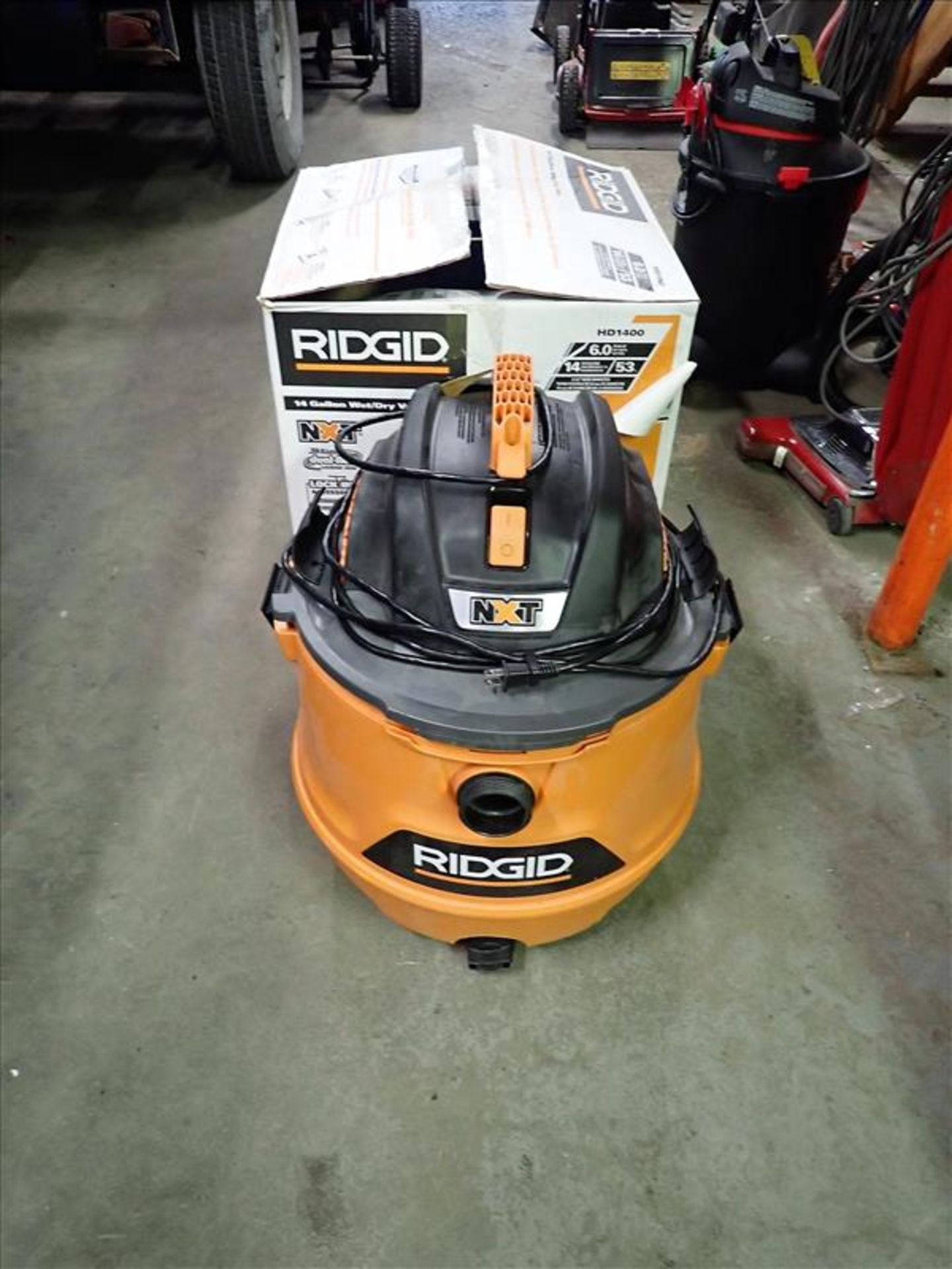 Ridgid Wet Dry Vac, model HD14000, S/N.19071R110963, 6hp, 120V, 60Hz, drum size 14 gallon