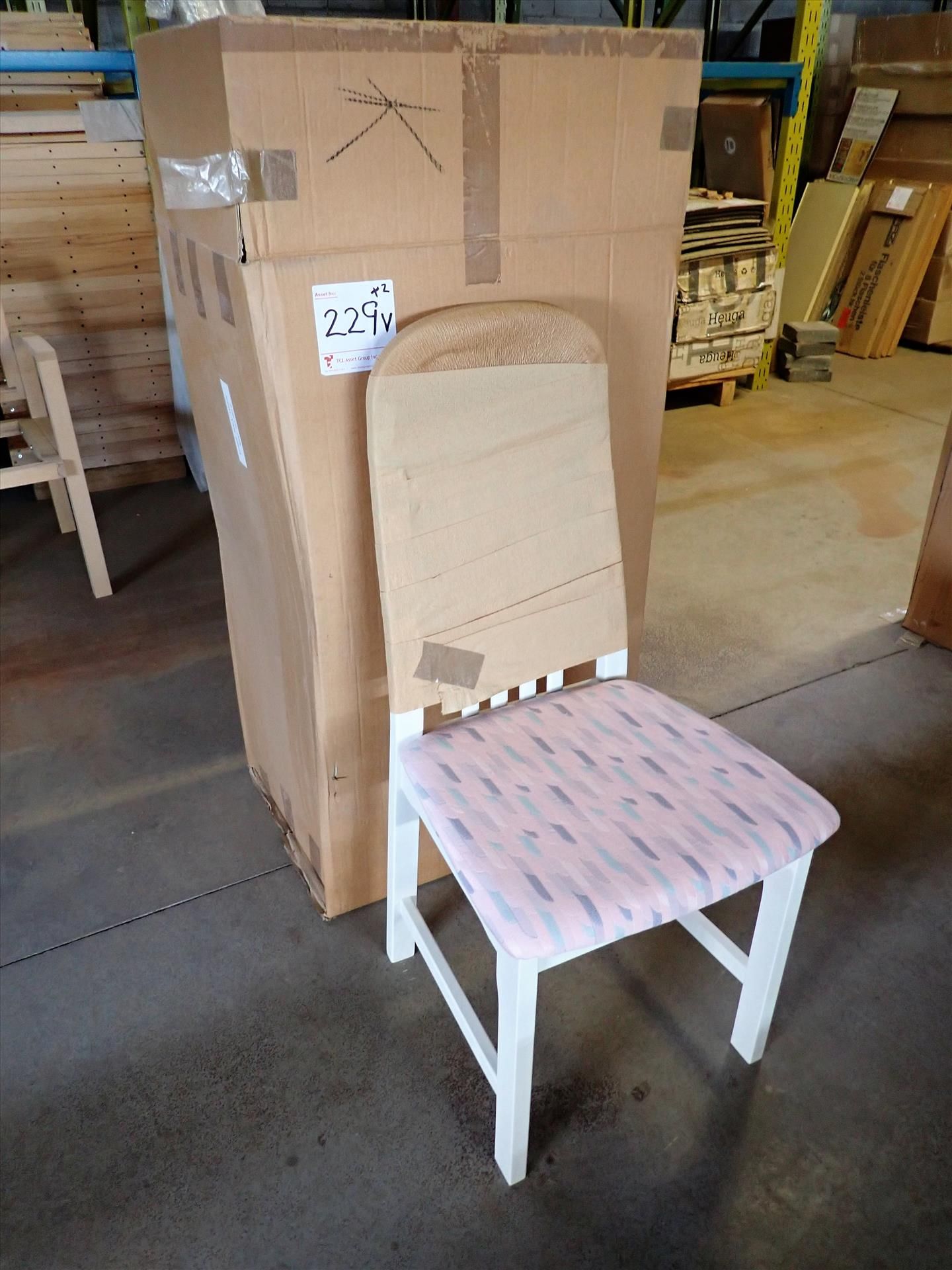 (2) Koln dinning chairs (NEW in box), white lacquered finish, pink seat cushions, stain-resistant