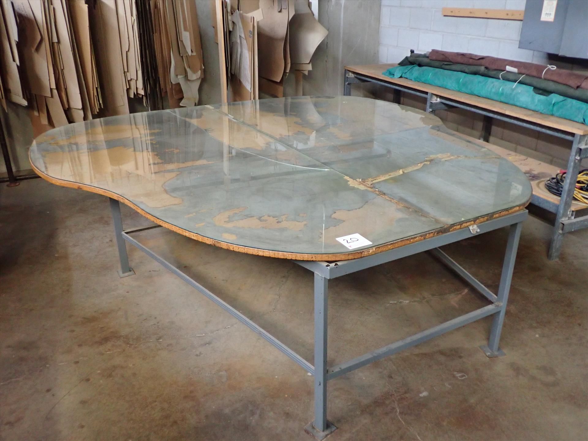 Leather lay-out/spreading/cutting table, approx. 107 in. x 107 in. (irregular shape) w/ glass top