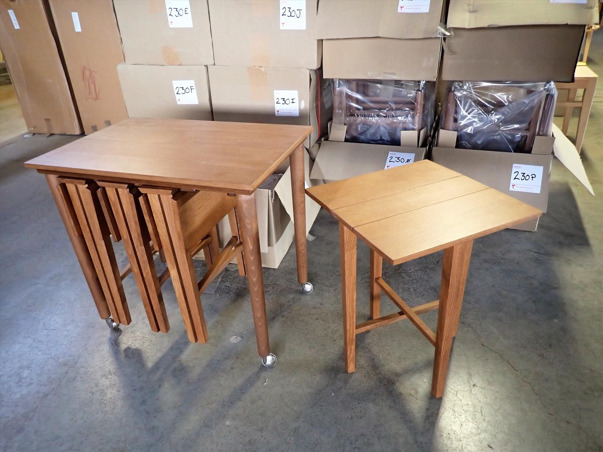 (1) Trolley H5 nesting table, Walnut finish, casters w/ (4) self-storing side tables (NEW in box,
