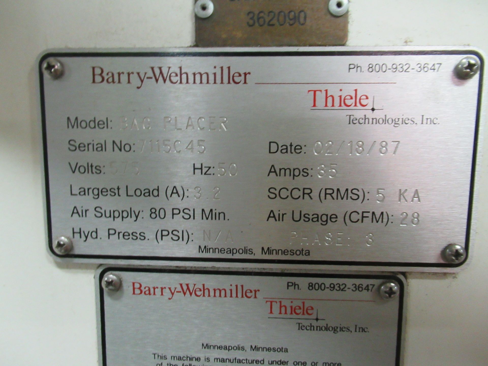 Thiele bag filler system, mod Bag Placer, s/n 7115C45, with (2) Parsons weigh filler, bag turner, - Image 8 of 8