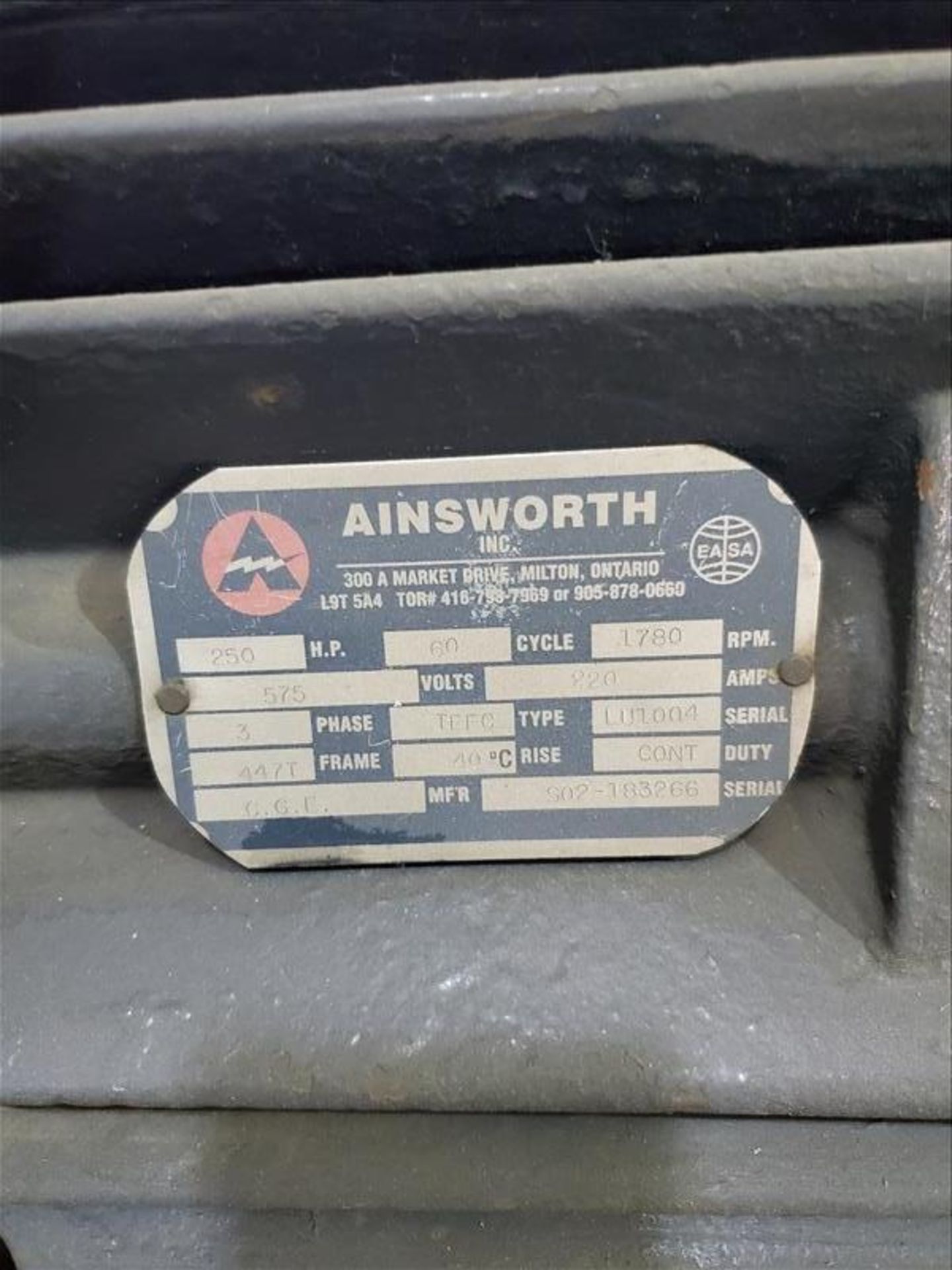 Ainsworth 250 hp motor, 447T frame, 575 v, 3 ph, 1780 rpm [Packaging Warehouse] - Image 2 of 2