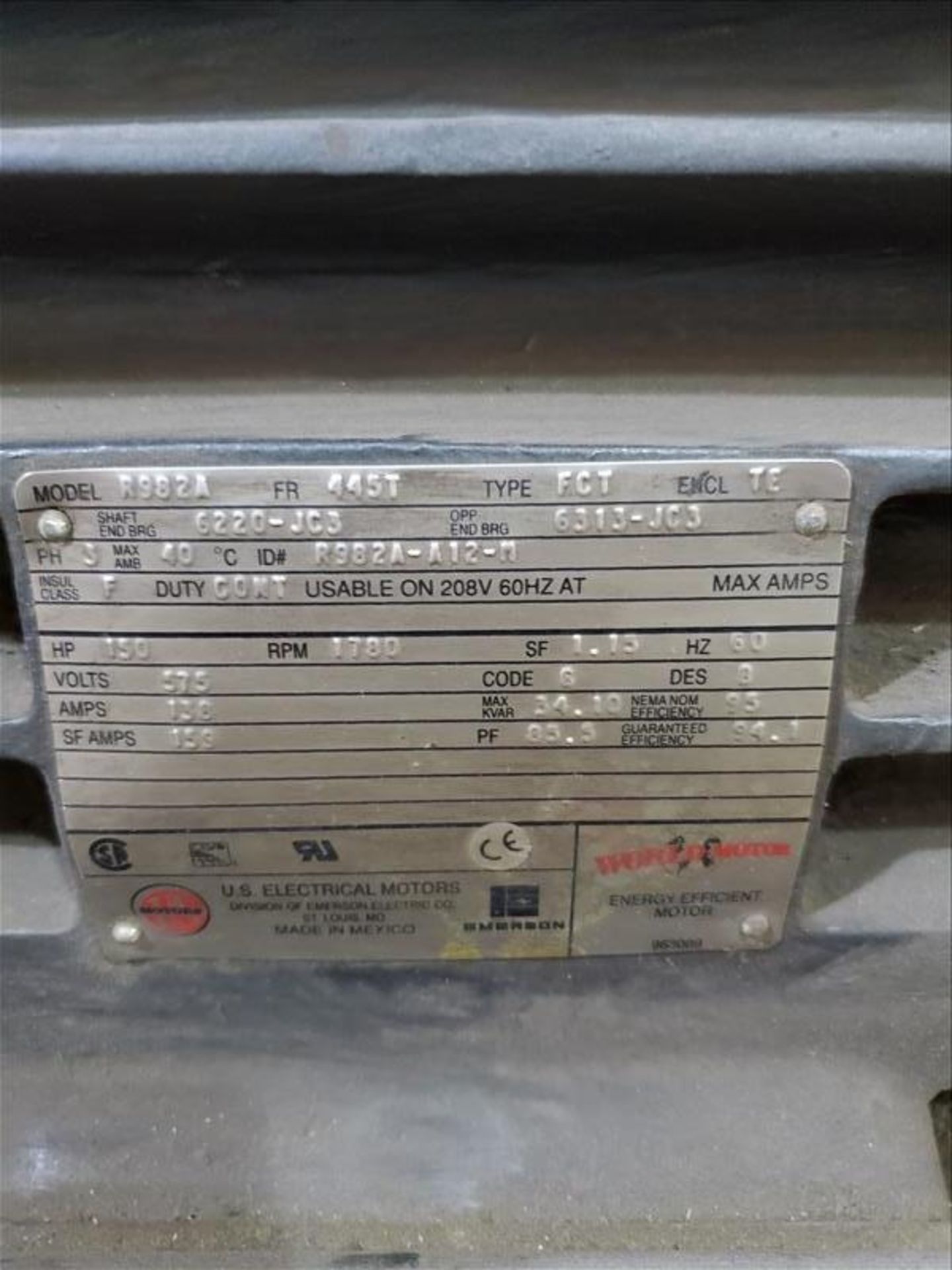 U.S. Motor 150 hp motor, 445T frame, 575 v, 3 ph, 1780 rpm [Packaging Warehouse] - Image 2 of 2