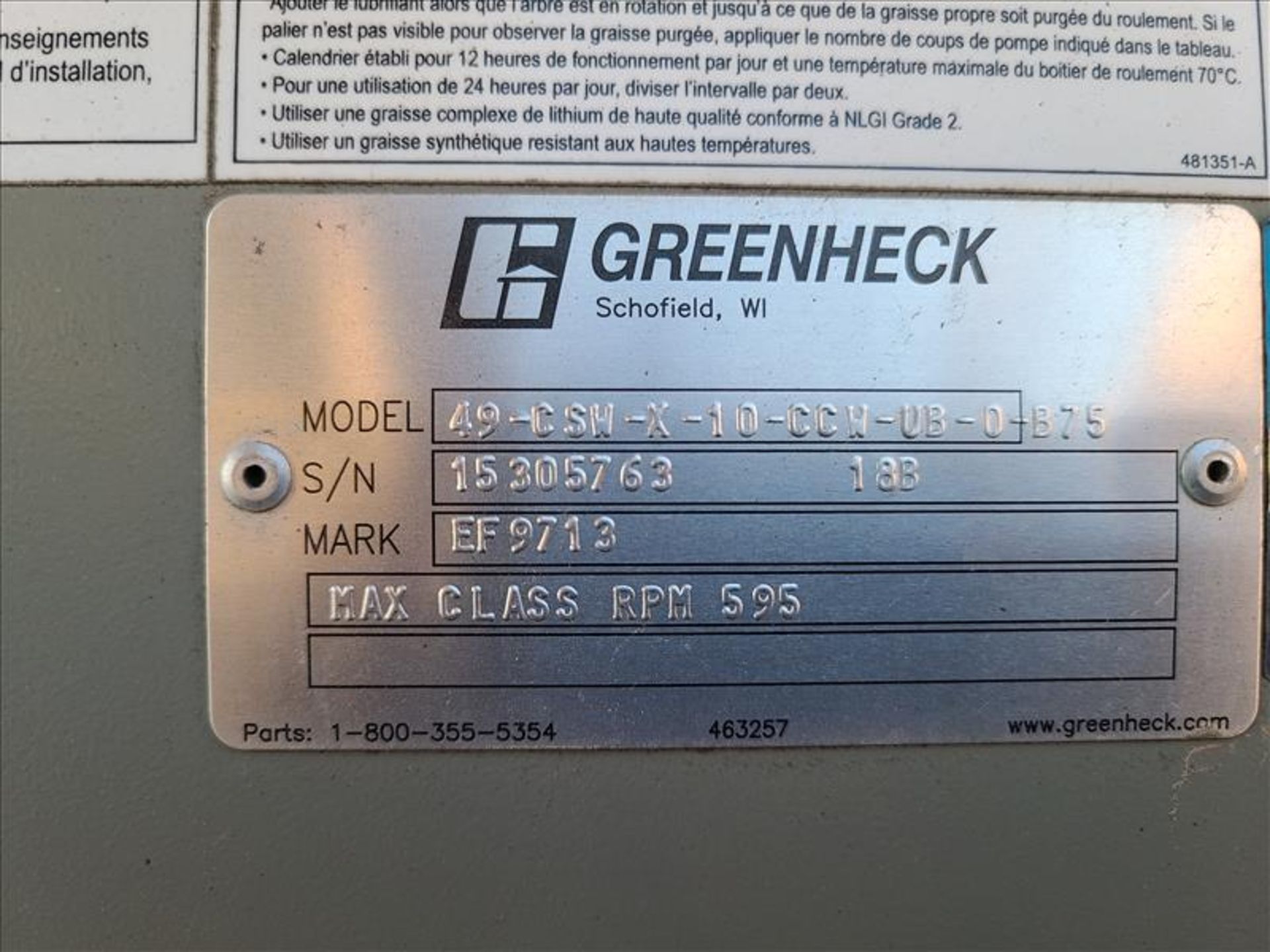 Greenheck fan unit, mod 49CSWX10CCWUB075, s/n 1530763, 595 rpm [Tank Farm] - Image 4 of 4