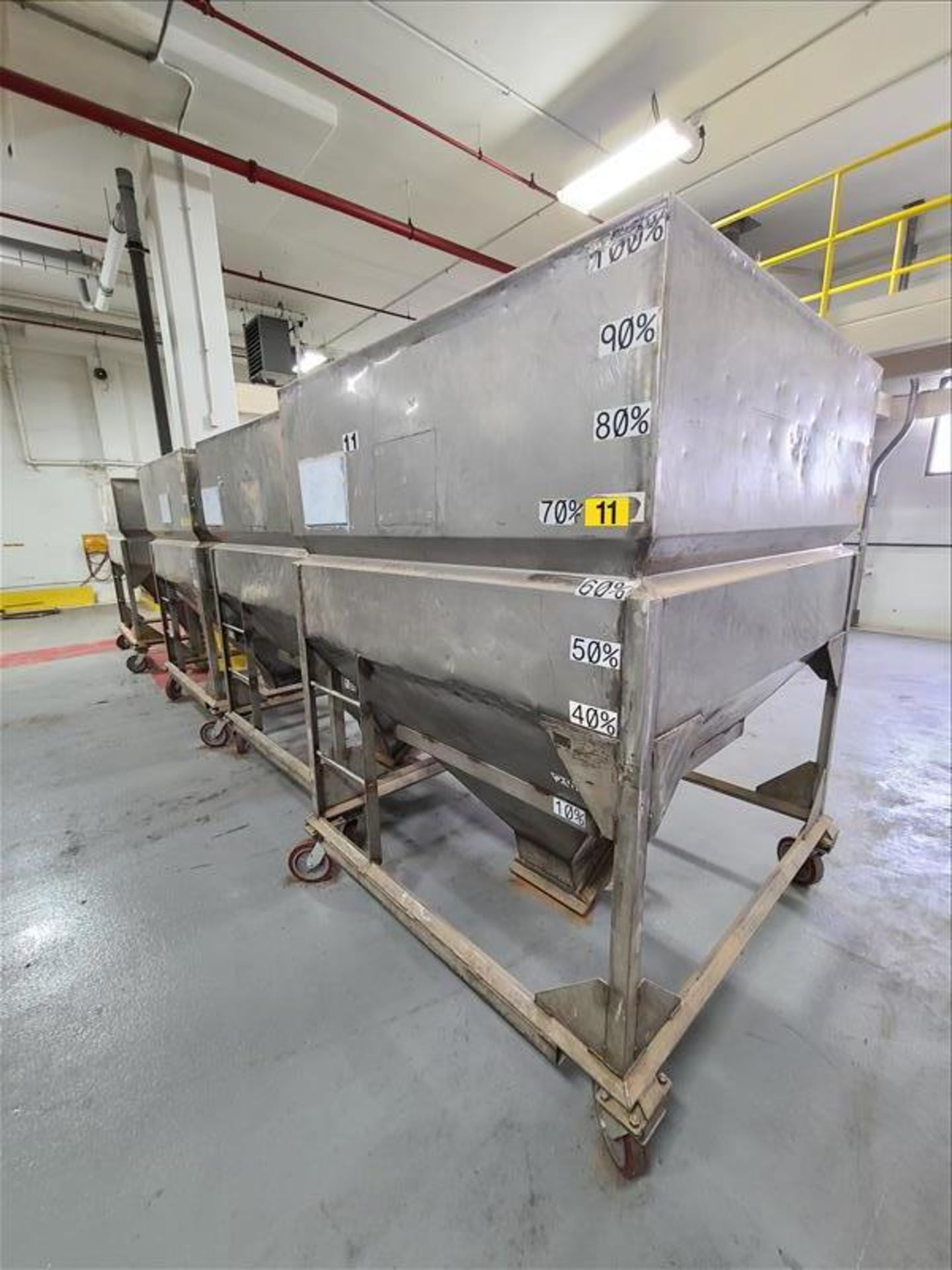 [LOT] (4) stainless product hopper bins, 67"h x 5'w x 5'l, bottom slide gate, mobile [Packaging - Image 2 of 3