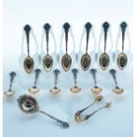 Vermeil silver set of 12 tea spoons with strainer and tongs