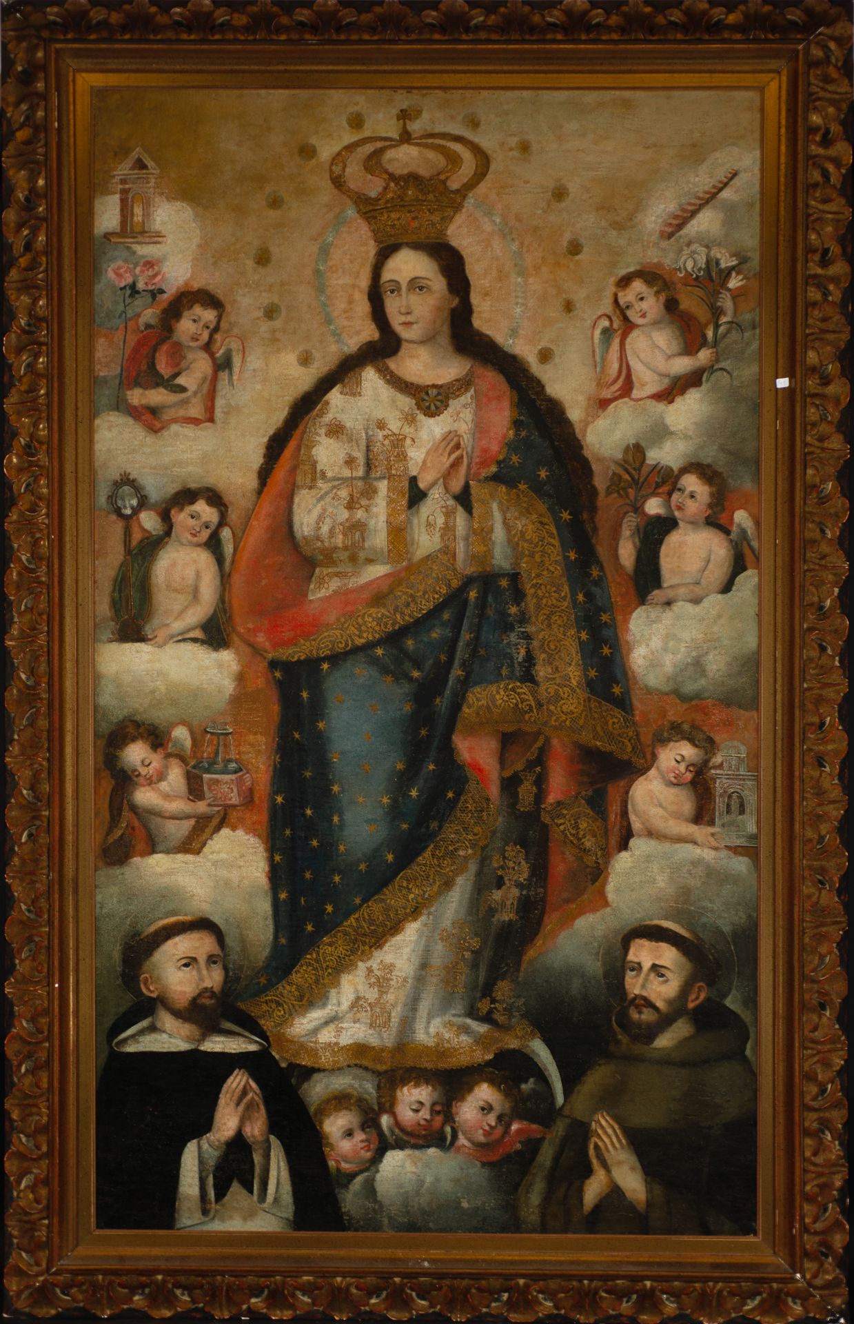 Immaculate Conception surrounded by Saint Francis and Santo Domingo de Guzmán, 17th century colonial