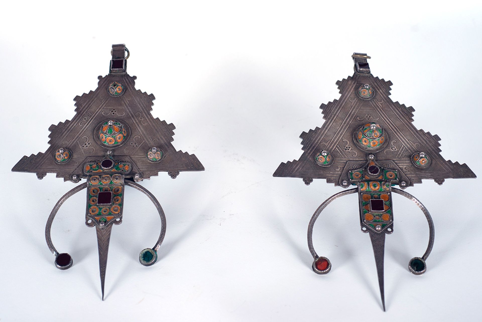 Pair of Berber fibulae in solid silver, Morocco, 19th century
