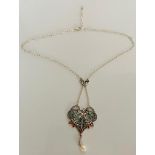 Silver necklace set with marcasite, plique a jour and a suspended pearl