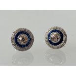 Pair 18ct white gold old cut diamond and sapphire target style stud earrings. Centre diamonds 0.90ct