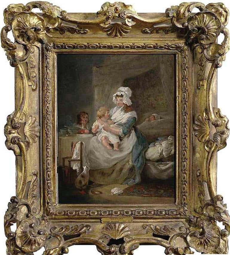George Morland (1763-1804) Bedtime Oil on Panel, 36 x 28cm / 60 x 52cm A touching subject matter and