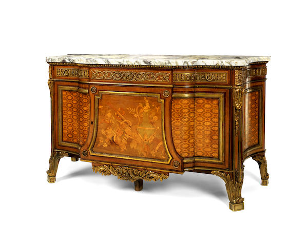 A French Late 19th Century Gilt Bronze mounted Amaranth, sycamore & Fruitwood Marquetry Commode,