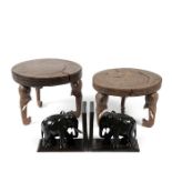 Pair African hardwood ivory stools, elephant book ends and a plate on stand (5)