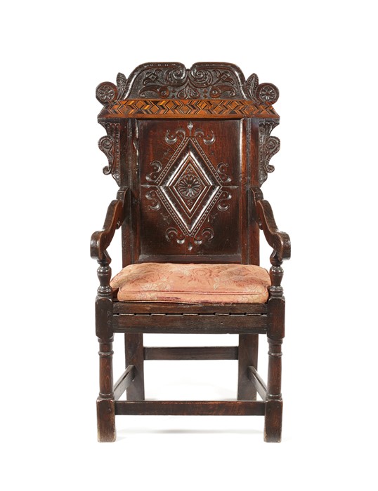 A Charles II carved oak and parquetry open armchair, Leeds, Yorkshire