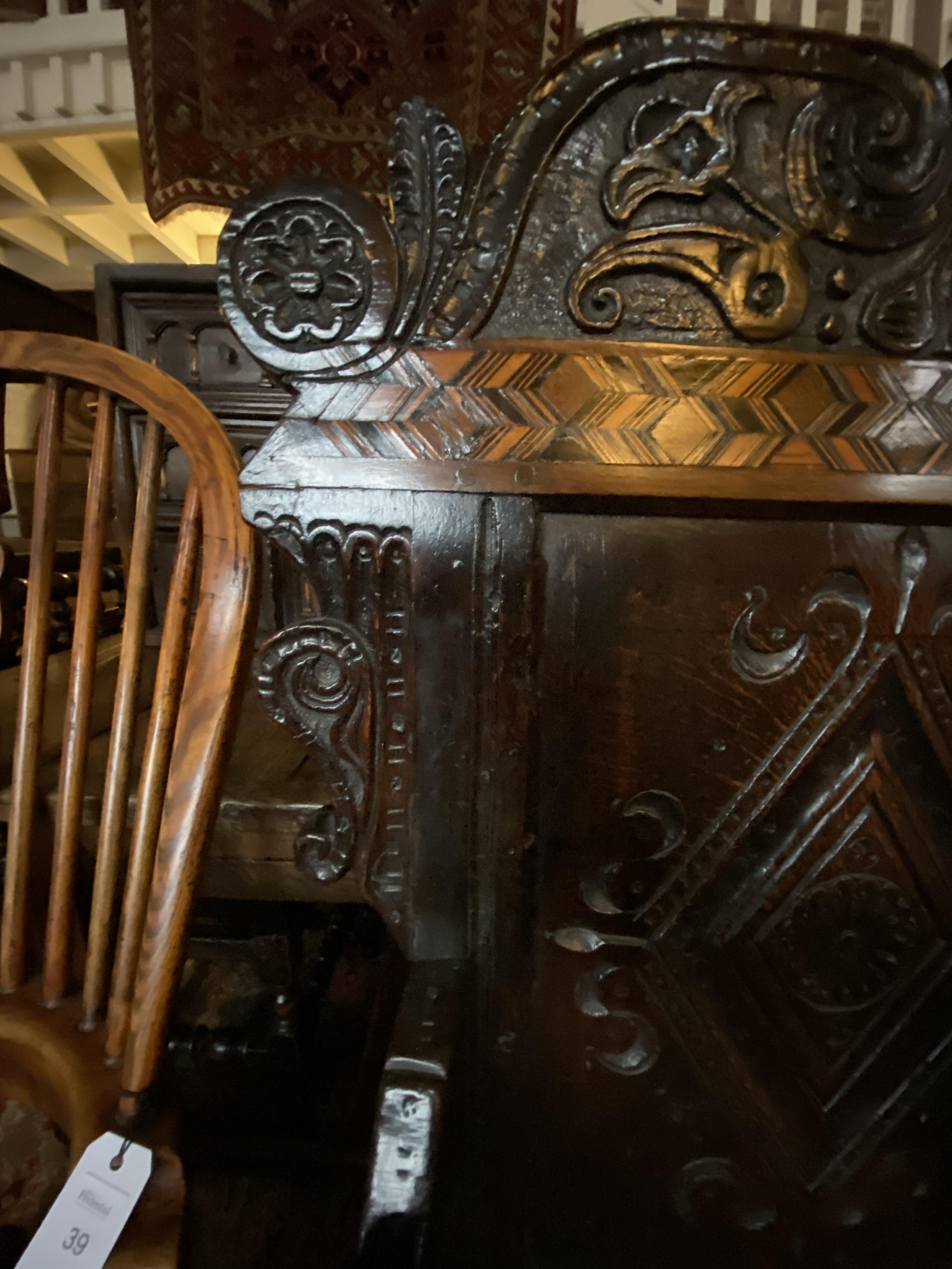 A Charles II carved oak and parquetry open armchair, Leeds, Yorkshire - Image 9 of 14