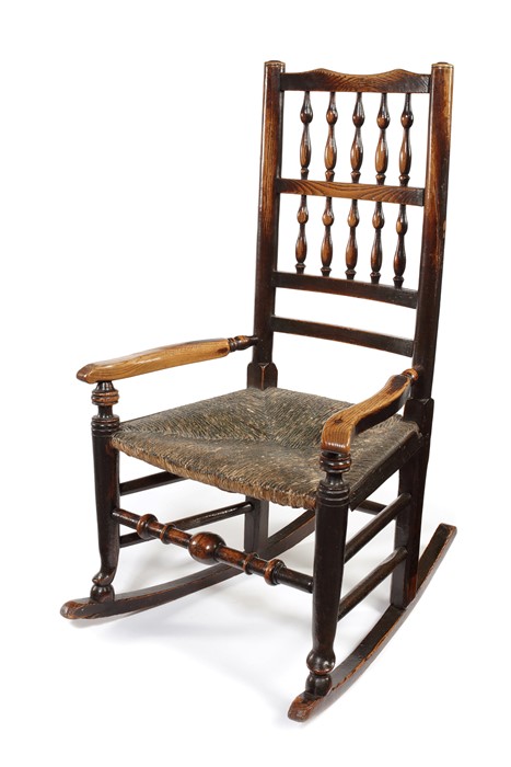 An ash spindle-back rocking chair, Lancashire, mid 19th century