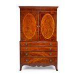 A George III mahogany and satinwood banded linen press