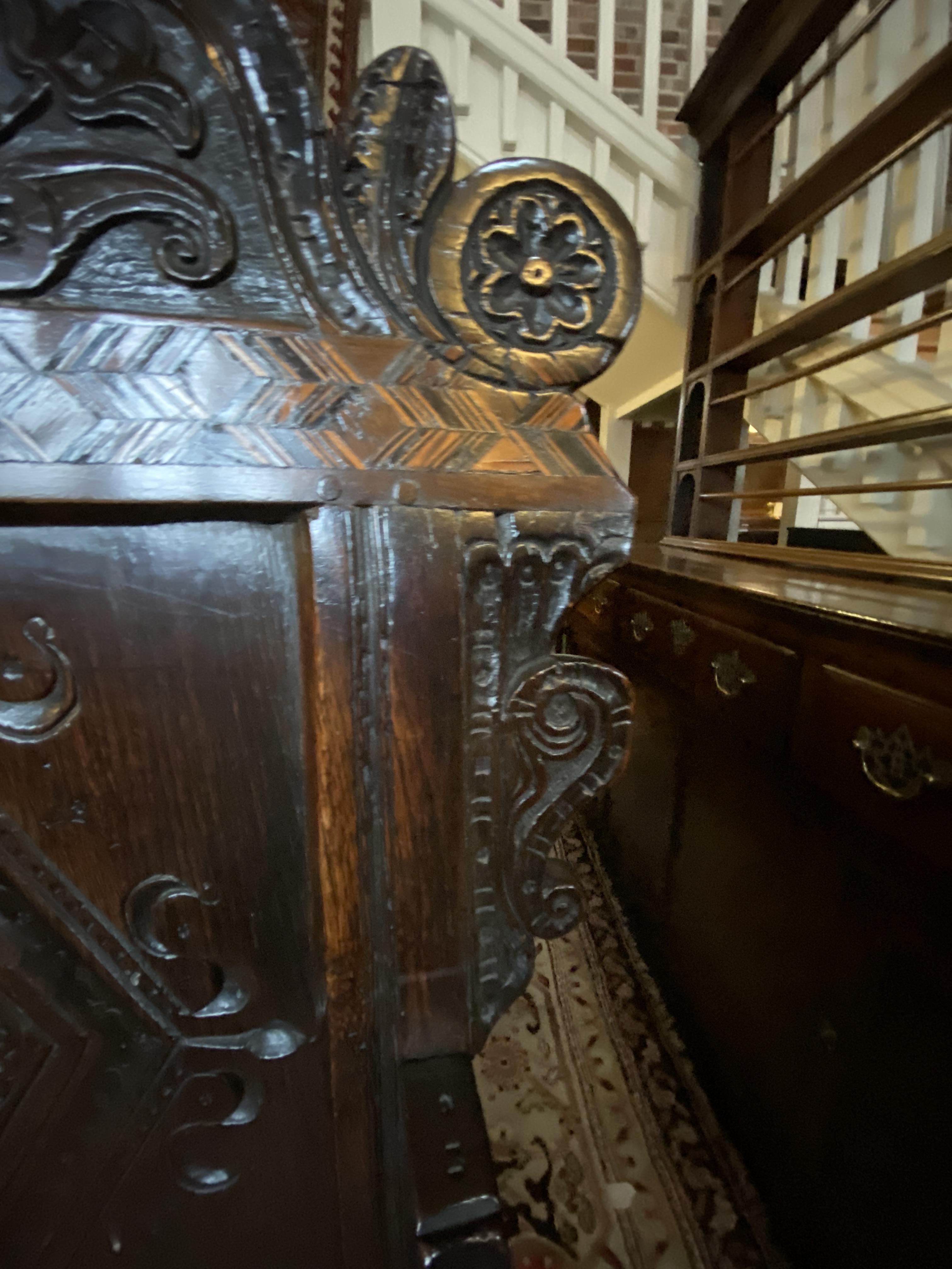 A Charles II carved oak and parquetry open armchair, Leeds, Yorkshire - Image 5 of 14