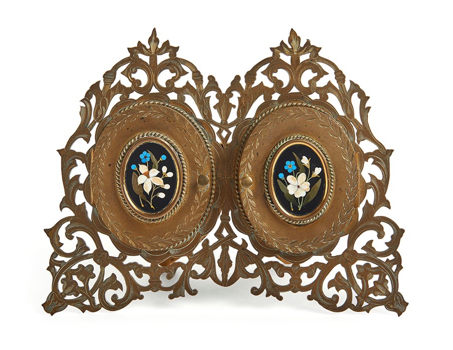 A Victorian Irish pierced brass and pietra dura desk-top frame