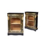A pair of Napoleon III Louis XIV style ebonised and brass marquetry side cabinets