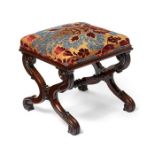 A William IV rosewood carved 'X' frame stool