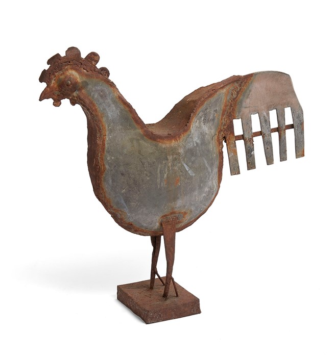 A weathered tin sculpture of a cockerel, mid 20th century