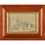 Pair 19thc. burr maple framed equestrian watercolours attributed to Henry Alken