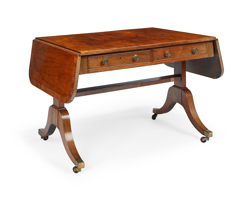 A Regency rosewood and satinwood crossbanded sofa table