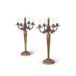 A pair of 1950's green japanned and gilt metal four light candelabra table lamps