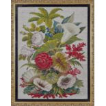 A large floral wool-work framed tapestry by V.Wilson