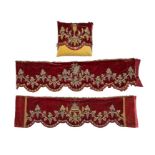 Two sections of 18th century red velvet silver embroidered altar cloth, with a cushion made from the