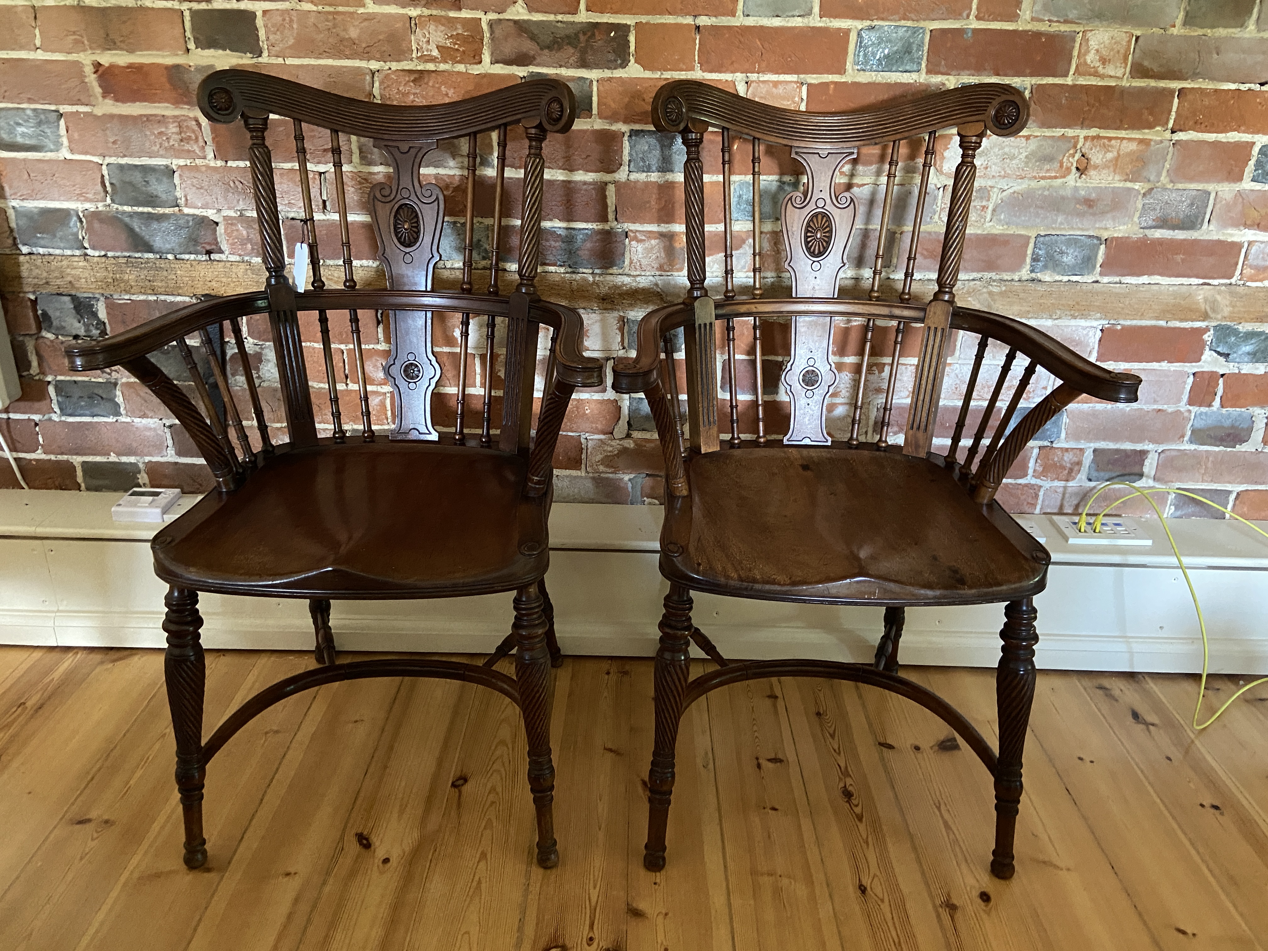 A pair of Victorian mahogany Windsor open armchairs attributed to William Birch - Image 2 of 14