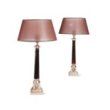 A pair of ebonised and plated brass column table lamps
