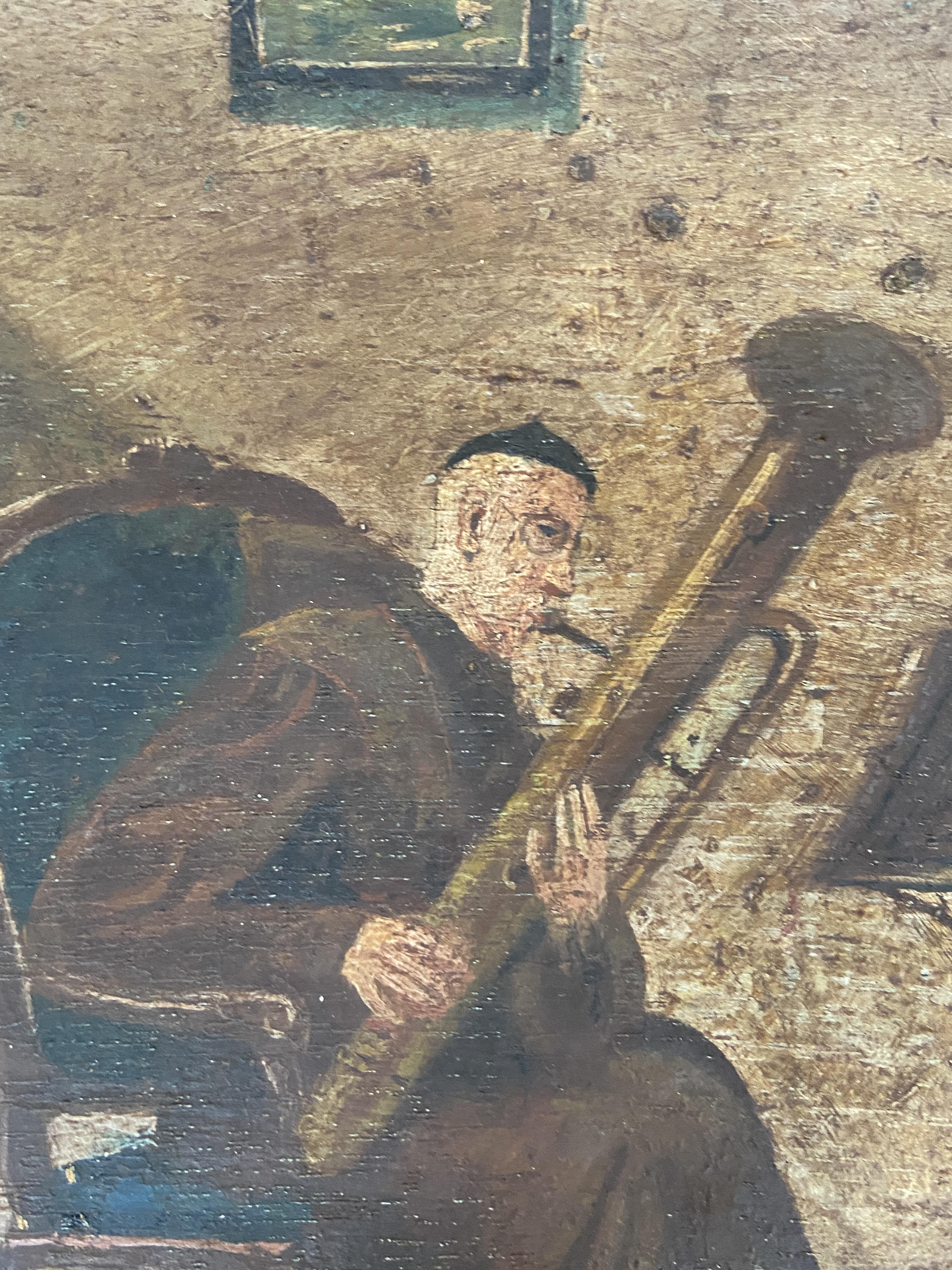 A painted panel of a monk playing a sarrusophone - Image 3 of 7