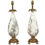 A pair of 20th century Italian white glass and gilt metal mounted table lamps