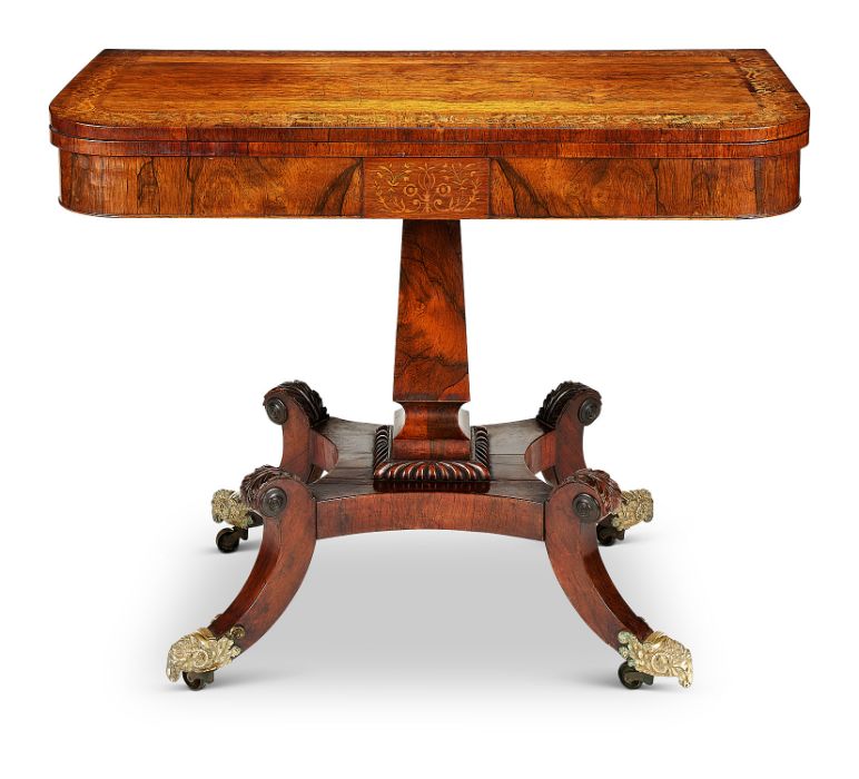 A Regency rosewood and sycamore marquetry tea table - Image 7 of 8