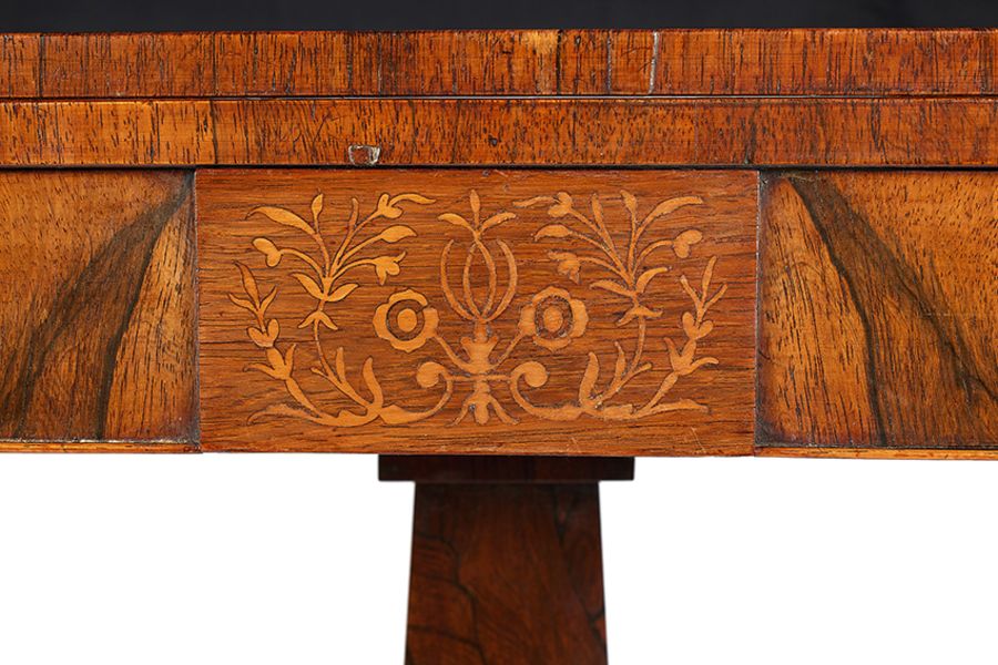 A Regency rosewood and sycamore marquetry tea table - Image 8 of 8