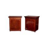 A pair of figured mahogany and satinwood crossbanded revolving cutlery boxes