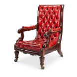 A George IV mahogany red leather patent reclining library armchair by Robert Daws