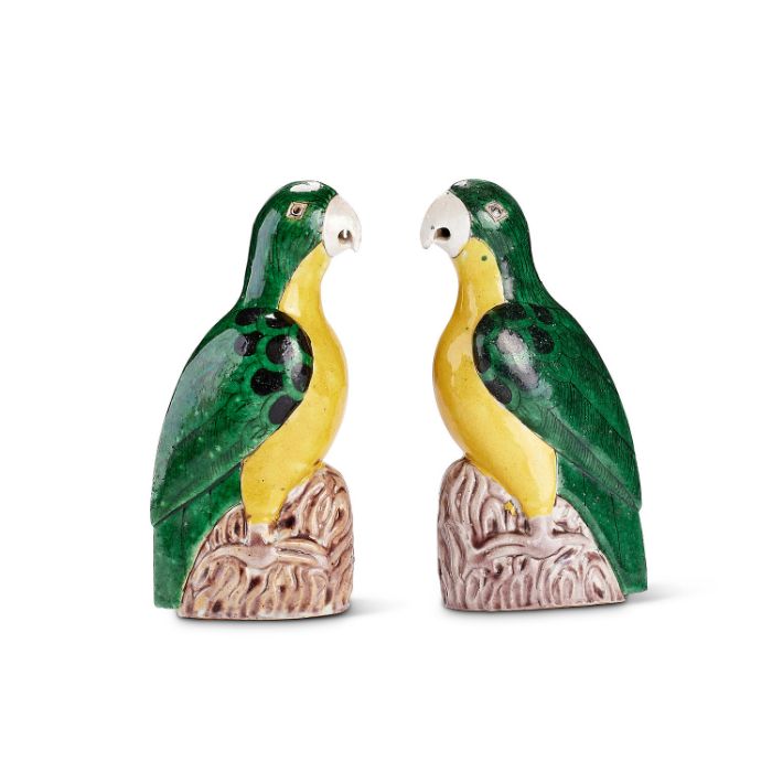 A pair of Chinese- Export green and yellow glazed pottery parrots - Image 4 of 4