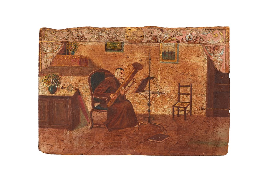 A painted panel of a monk playing a sarrusophone