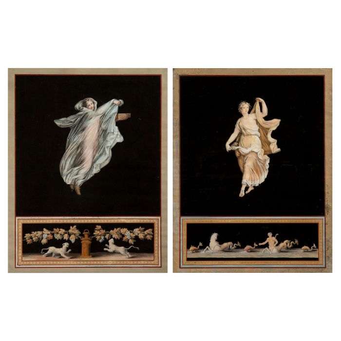 A pair of early 19th century gouache paintings over etchings attributed to Maestri